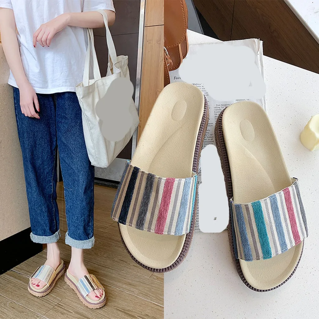 

Woman Slippers Summer Sandals Fashion Bohemian Sandals Beach Ethnic Wind Contrast Color Striped Open Toe Slippers Casual Shoes