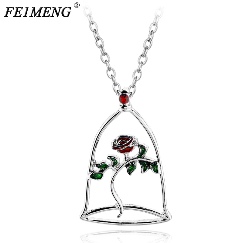 

Red Rose Flower Necklace Beauty and the Beast Charm Flower in Terrarium Pendant Necklaces For Women Fashion Collar Accessories