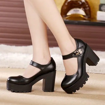 

2019 spring new thick-soled women's shoes shallow mouth black buckle thick with women's shoes waterproof platform round head