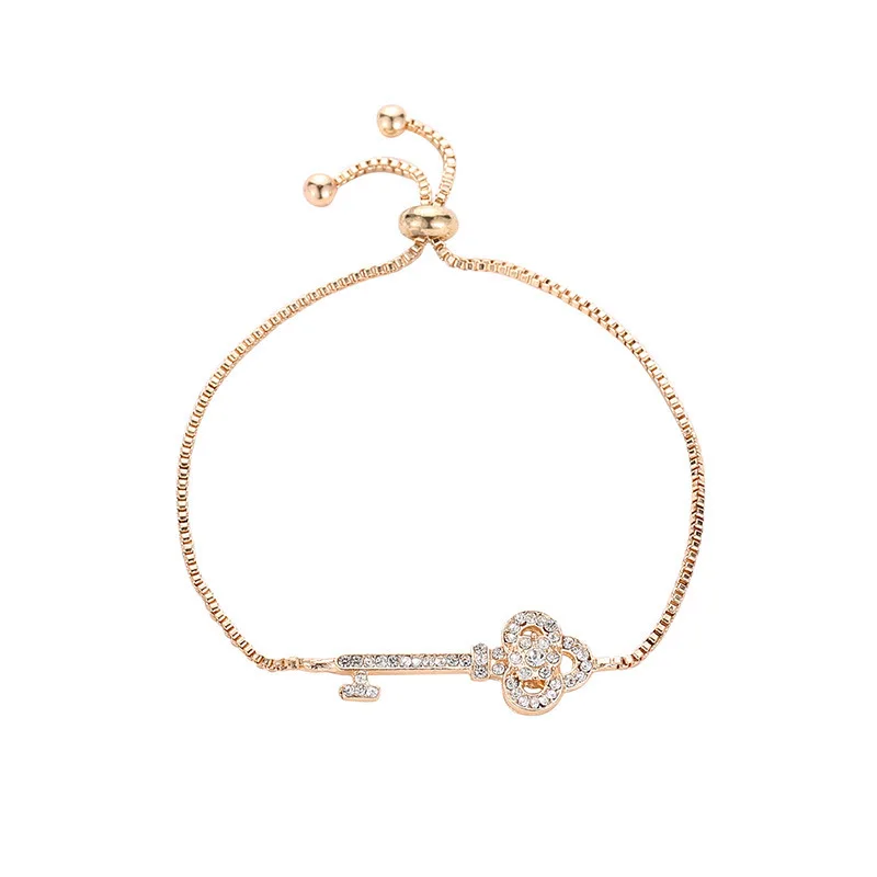 

Special Designed Full Shiny Clear Crystal Key Shaped Charm Thin Golden Chain Adjustable Bracelets For Women