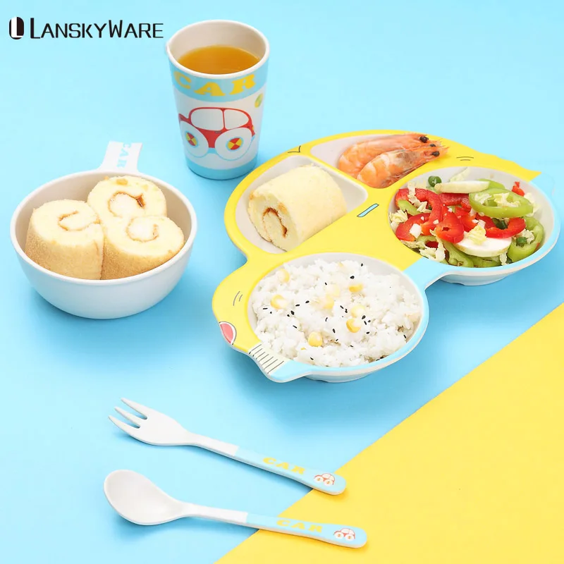 

LANSKYWARE Cartoon Bamboo Baby Tableware Set For Kids Picnic Animal Pattern Dinnerware Set Kitchen Children Cutlery Dinner Set