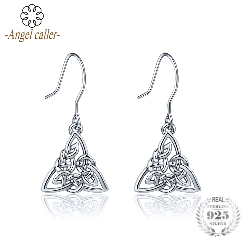 

Angel Caller Genuine 925 Sterling Silver Celtics Knot Triangle Dangle Earrings for Women Fine Jewelry Drop Earrings Gift CYE043