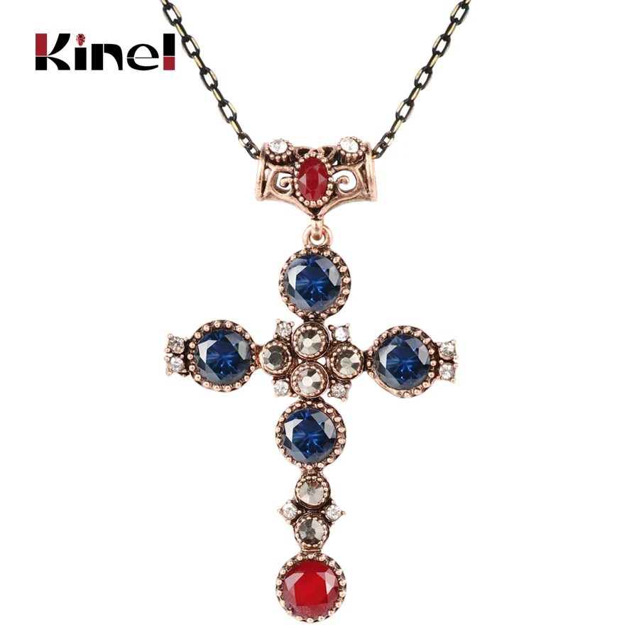 

Kinel Luxury Long Chain Cross Pendant Necklace For Women Antique Gold Color Mosaic Crystal Religious Gift Vintage Jewelry