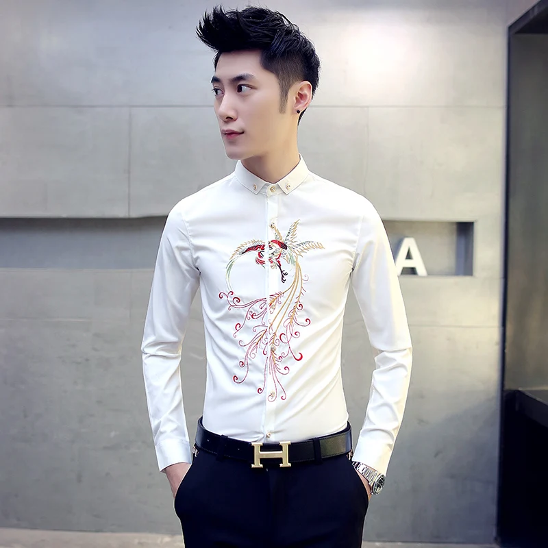 

Classic White Long-sleeved Shirts Men Printed Dress Shirts Size 3XL Slim Fit Male Leisure Shirt 2019 Popular High-end Mens Shirt
