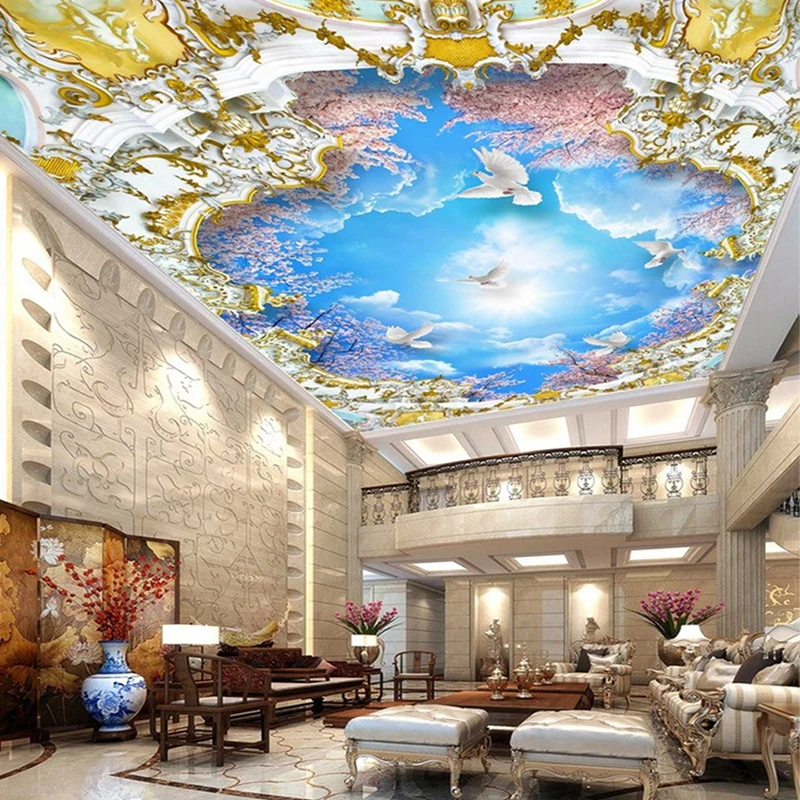 

3D Photo Wall Murals Blue Sky White Clouds Cherry Tree 3D Zenith Murals for Living Room Hotel Meeting Room Ceiling wallpapers