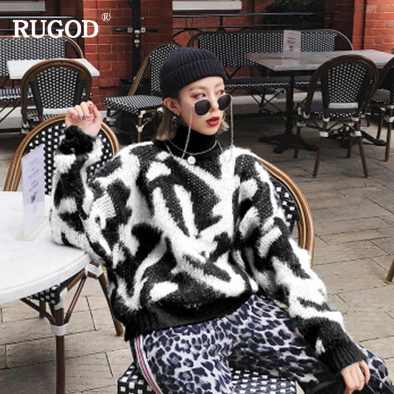 

RUGOD Vintage Fashion Leopard Women Sweaters Turtleneck Loose Casual Women Pullovers Thick Warm Winter Clothes pull femme hiver