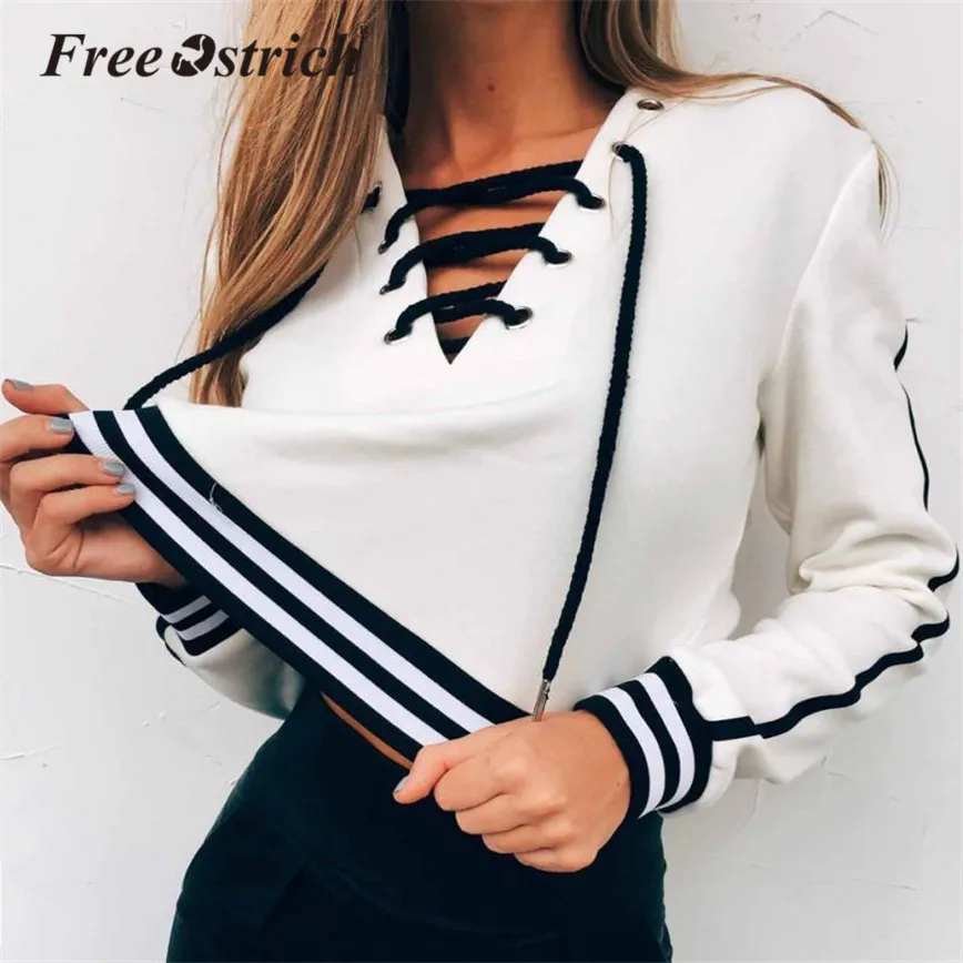 

Free Ostrich 2019 Women Sweatshirt Short Pullovers Hollow Out Lace Up Full Sleeve V-Neck Ladies Autumn Sweatshirt N30
