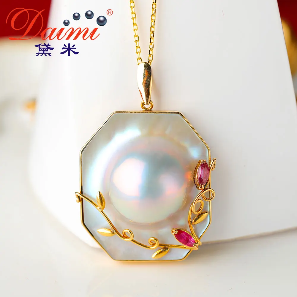 

DAIMI 18K Gold Square Pendant 27mm*23mm Mabe Pearl Pendant Jewelry Gift