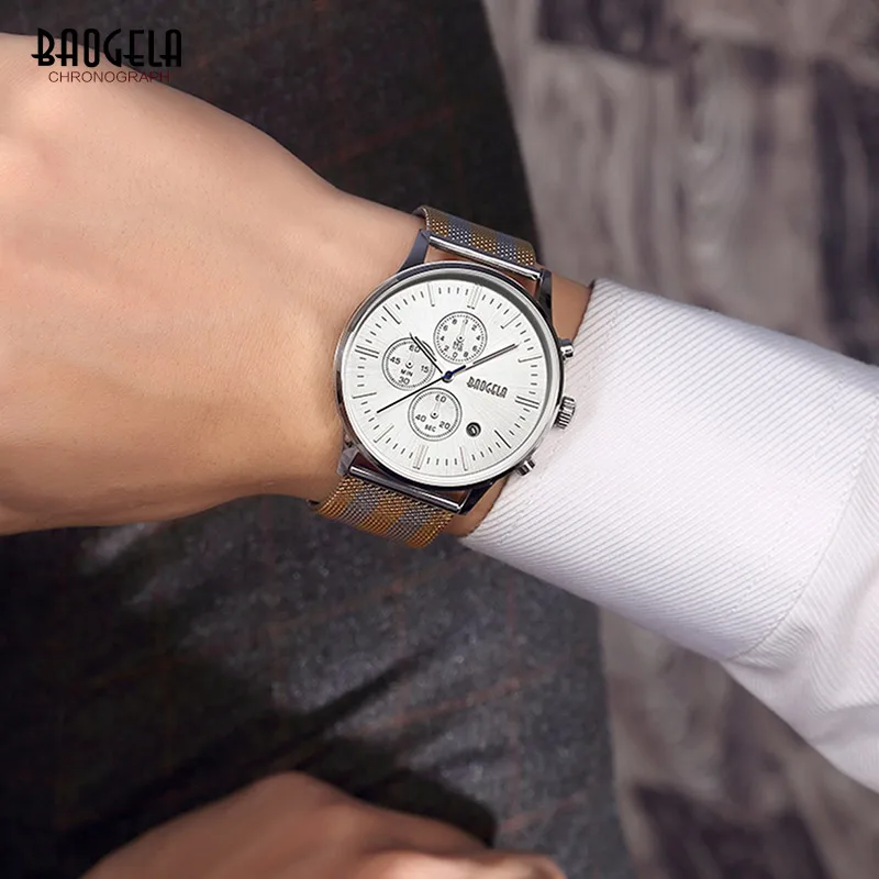 BAOGELA сетка Группа Сталь наручные часы для Для мужчин Chronograph Classic секундомер