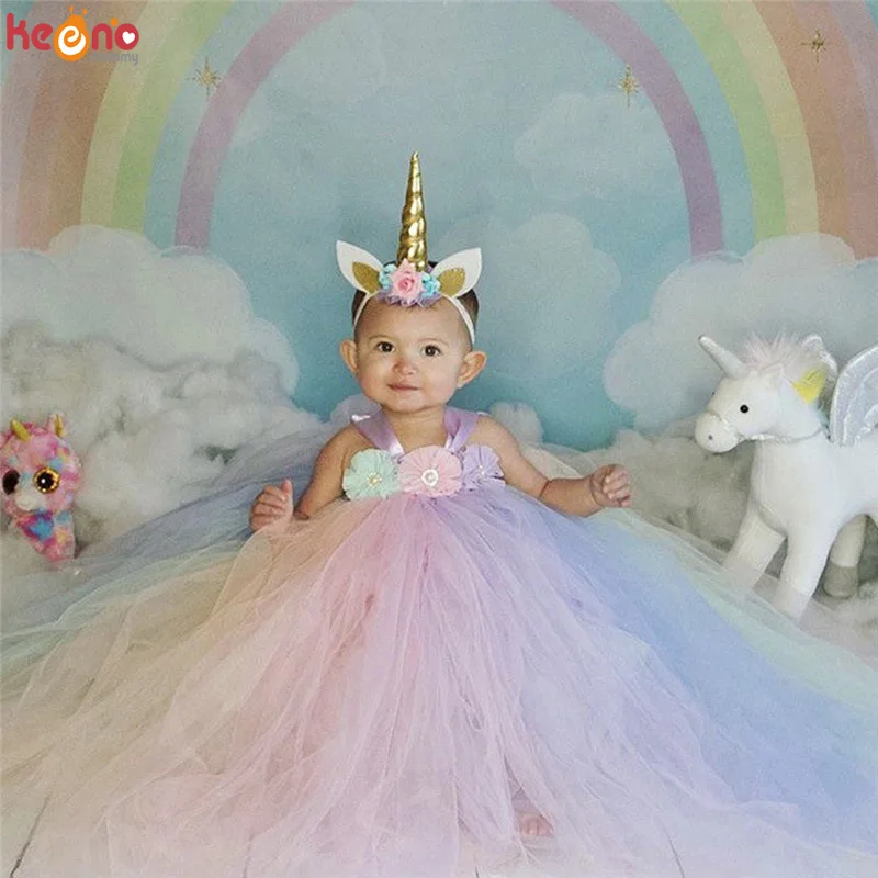 Pastel Unicorn TUTU Dress Girl Flower Birthday Party Dress with Headband Full Length Kids Dress Up Clothes Handmade Fancy Dress (1)