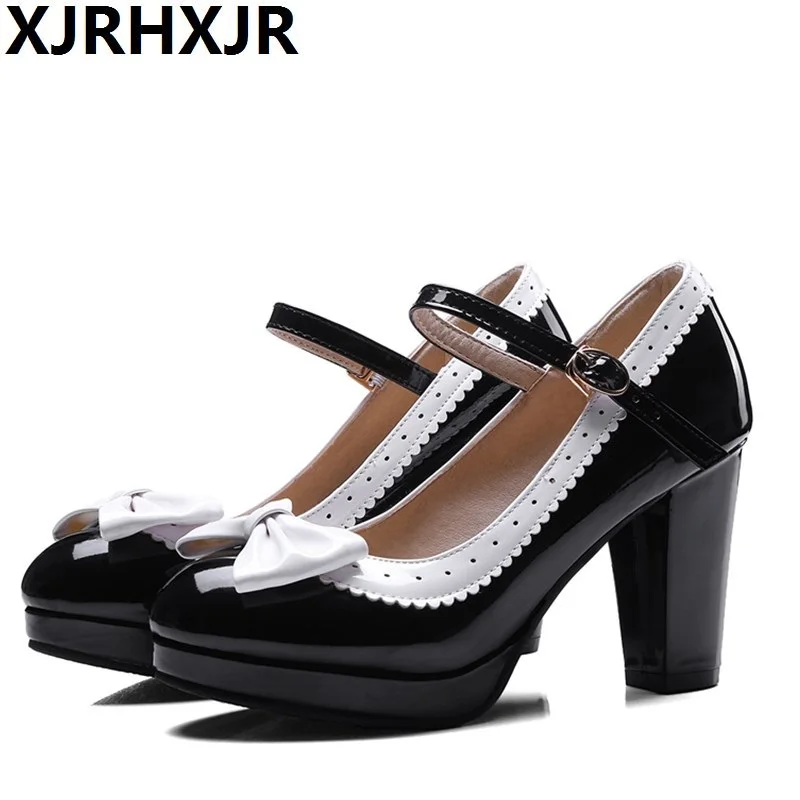 2019 Women Thick Heel Round Head Patent Leather White High Heel Rhinestone Platform All Match Dress Shoes Small Bie Size 32 48