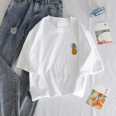 Летние простые футболки с коротким рукавом, обычная женская футболка с мультяшной вышивкой, свободная универсальная Футболка Harajuku Kawaii, белая футболка с круглым вырезом - Цвет: Xian 507 bai