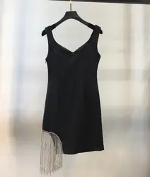 Дизайнер 2019 высокое качество Дамская мода пикантные черные туфли ремень бисером Короткие женское платье 0313