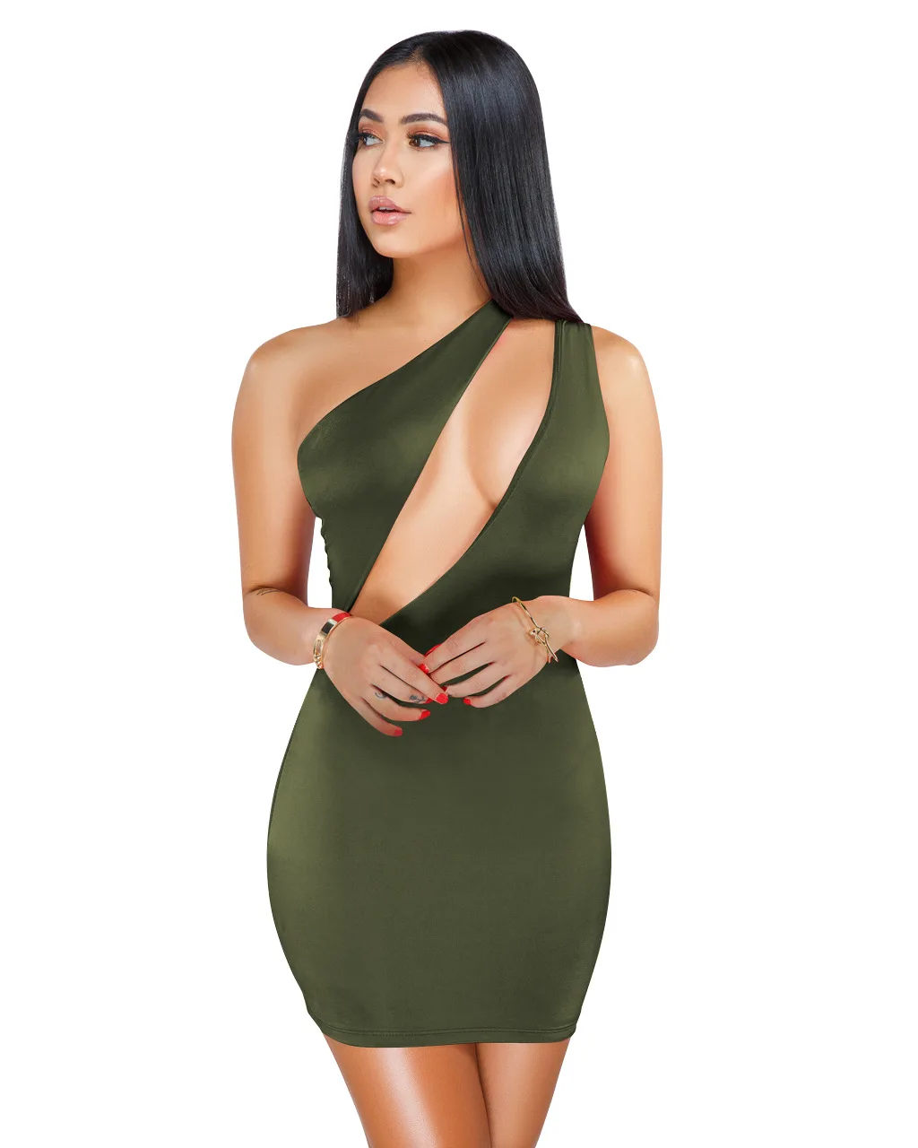 ANJAMANOR/мини-повязка на одно плечо с вырезом, облегающее платье, лето, черные сексуальные платья, женские вечерние клубные платья, D36-I62 - Цвет: Армейский зеленый