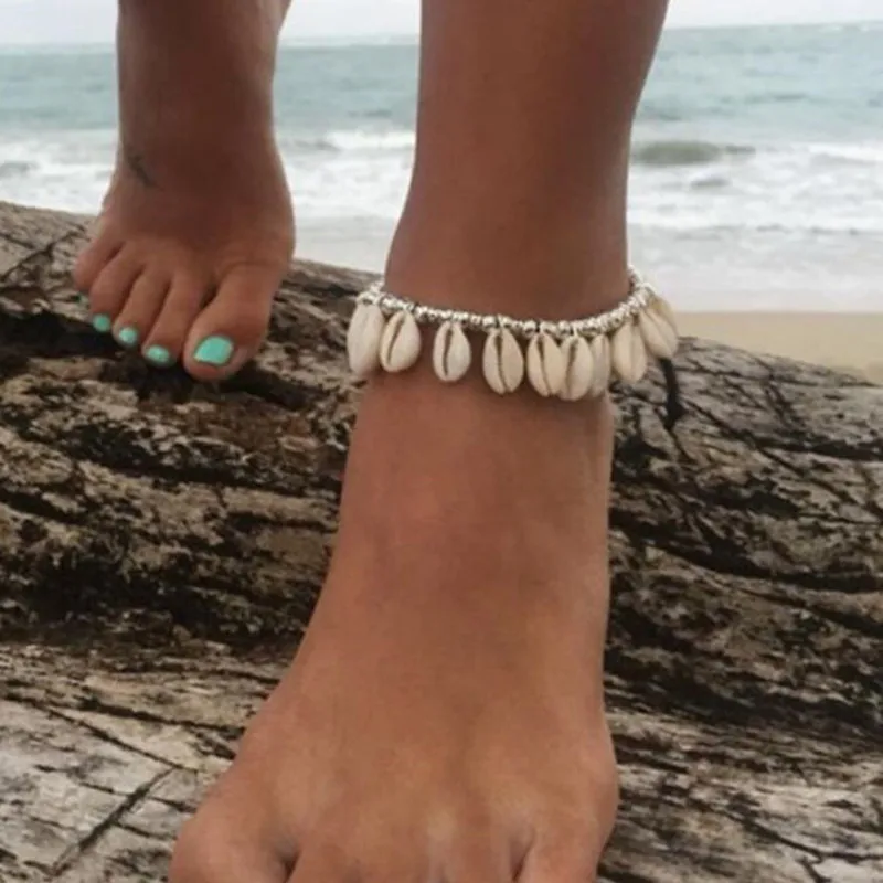 Простой браслет на ногу из натуральной раковины,, богемский Летний Пляжный браслет для женщин, серебряный цвет, двойной слой, ювелирное изделие