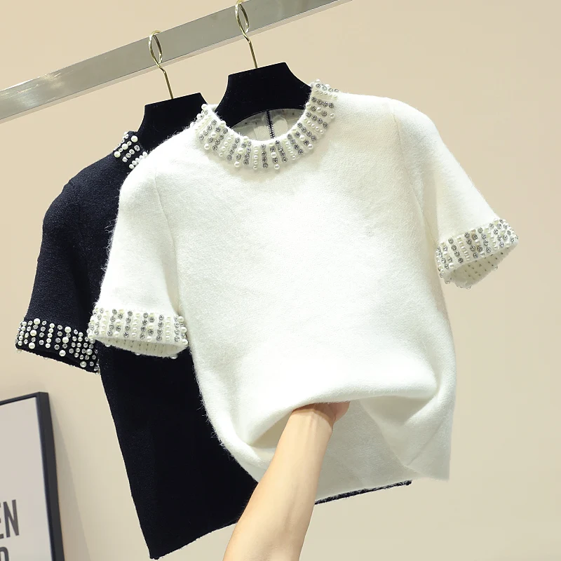 Pantalon turtleneck beading Sweater women Short Sleeve Rhinestone woman sweater autumn and winter Pullover pull femme hiver | Женская