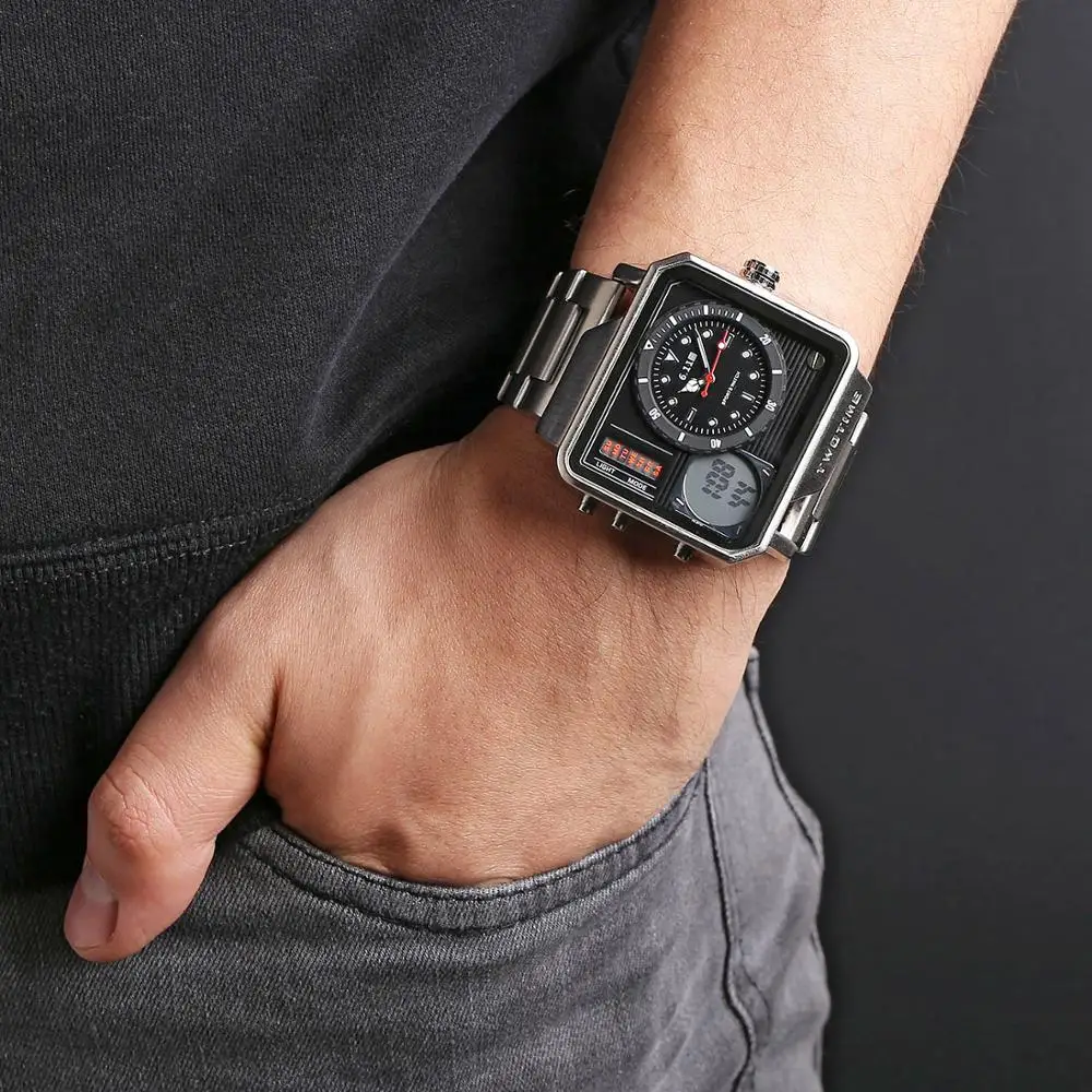 Digital de Aço Completo à Prova Moda Masculina Duplo Tempo Display Led Relógio Dbacklight Água Backlight Esporte Masculino 6.11 2020