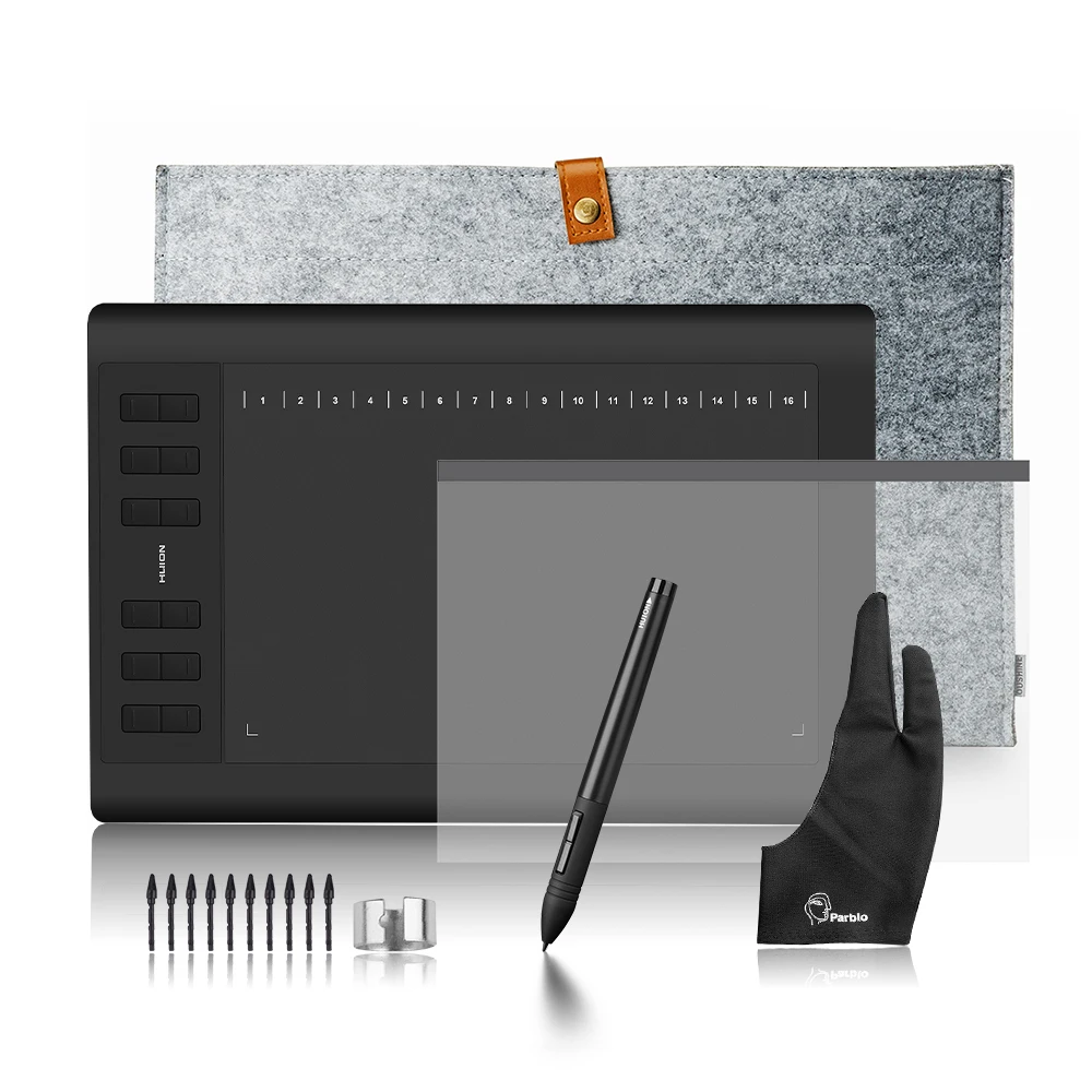 

Huion 1060 Plus Graphic Drawing Digital Tablet with 8G SD Card 8192 Pen Pressure+Protective Film+15" Liner Bag+Glove