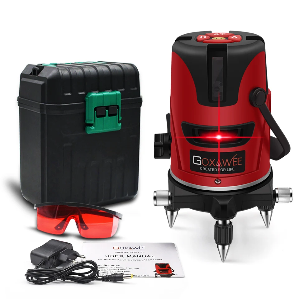 GOXAWEE Laser Level 5 Lines 6 Points 360 Degree Rotary Cross Line Self