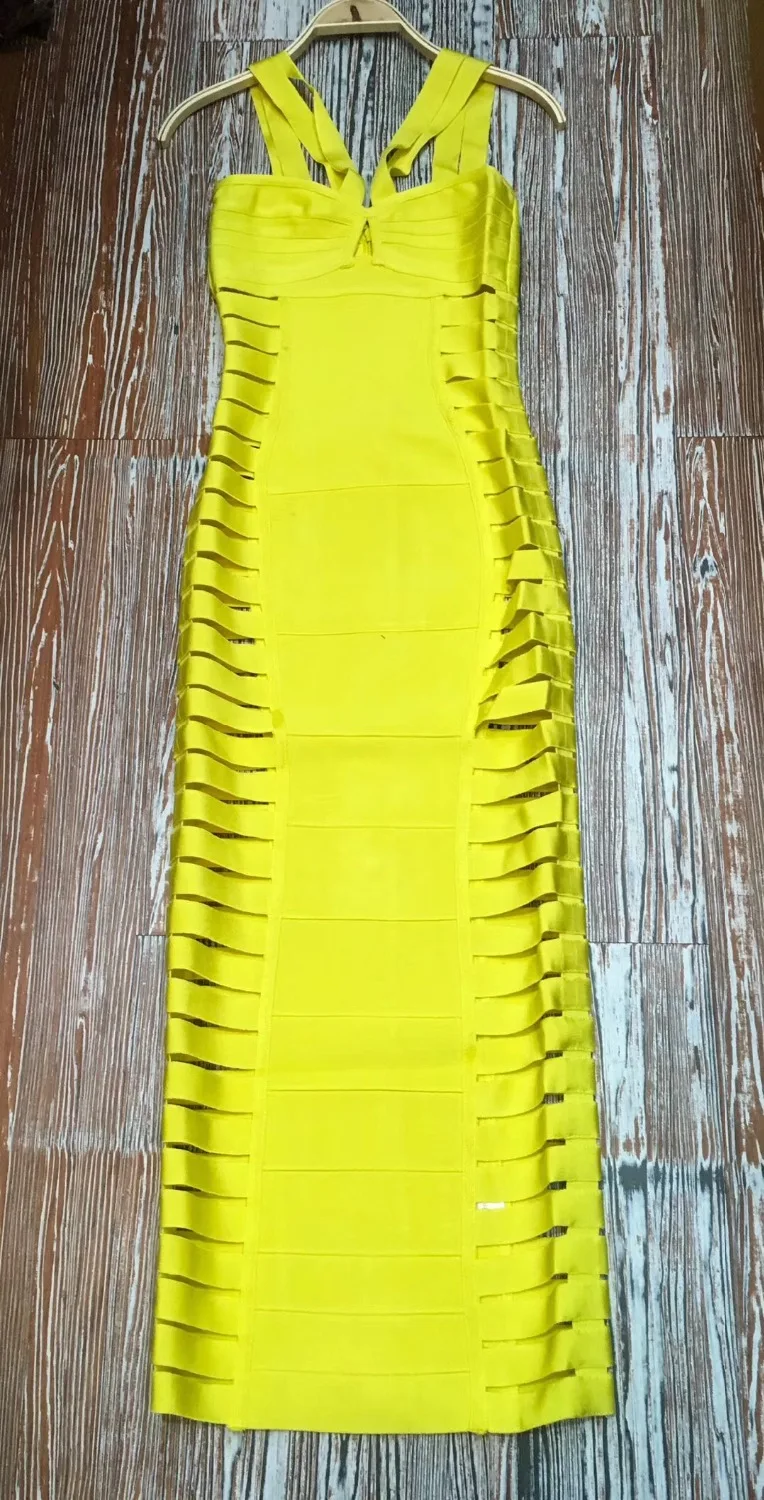 

Sexy Bodycon Dress Women Elastic Sleeveless Sheath Hollow Out Rayon Bandage Long Yellow Dress Casual Club Party Dress Vestidos