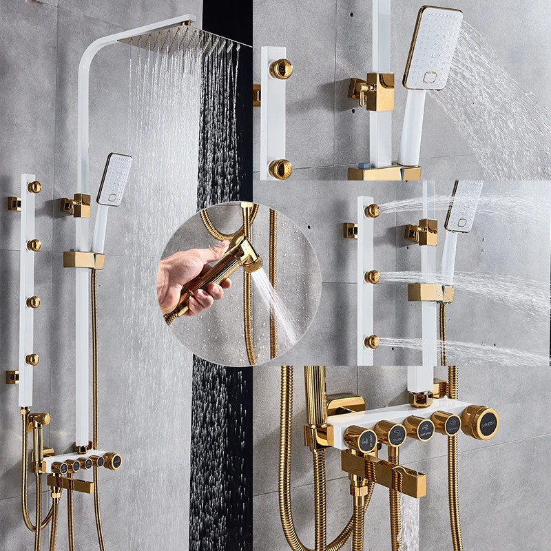 quyanre wanfan gappo matte black chrome shower faucet set with 4 spa jets rainfall shower head handshower with bidet swivel tub spout button control bath shower set21