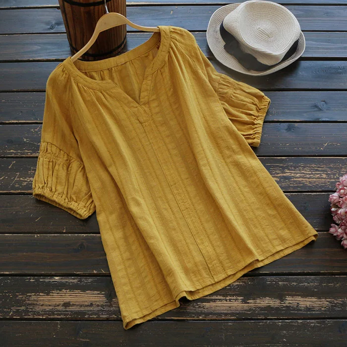 

Summer Style Concise V Neck Cotton Shirt Womens Short-sleeved Pleated Cuff Casual Tops High Quality Yellow Navy Blouses Blusas