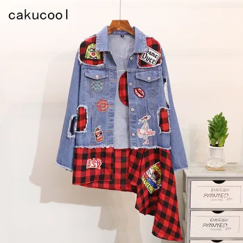 

Cakucool New 2019 Women's Casual Denim Coat Red Plaids Patch Designs Denim Jackets Asymmetric Print Outerwear Casacos Feminino