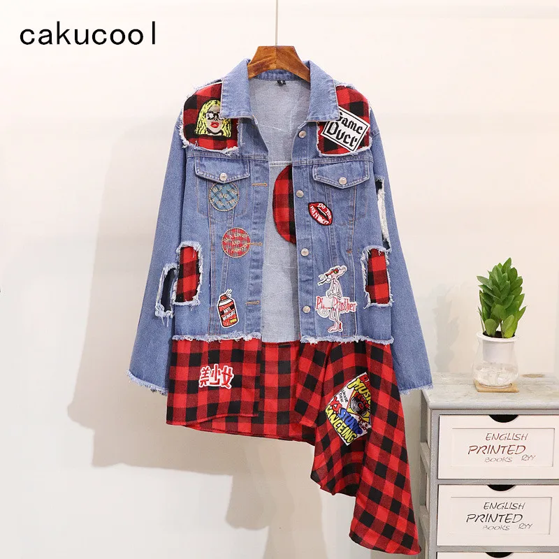 Женское повседневное джинсовое пальто Cakucool красное в клеточку с асимметричным