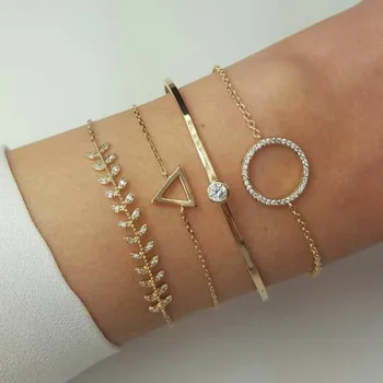 

JOUVAL New Alloy 4pcs Set Bracelets For Women Triangle Round Geometric Rhinestone Fanshion Trendy Metal Bracelet Summer Jewelry