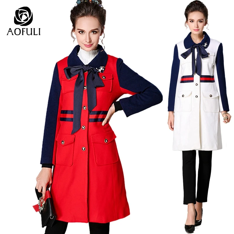 AOFULI S-5XL женское длинное шерстяное пальто макси, узор в стиле пэчворк, зубчатый воротник, кашемировое пальто большого размера, Зимние Теплые Топы 6160