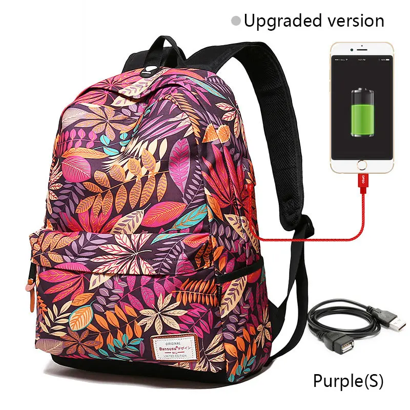 CARCHI женский рюкзак для ноутбука с usb зарядкой для девочек-подростков, школьная сумка с принтом листьев, женские рюкзаки для студентов колледжа, сумка - Цвет: B Purple Small