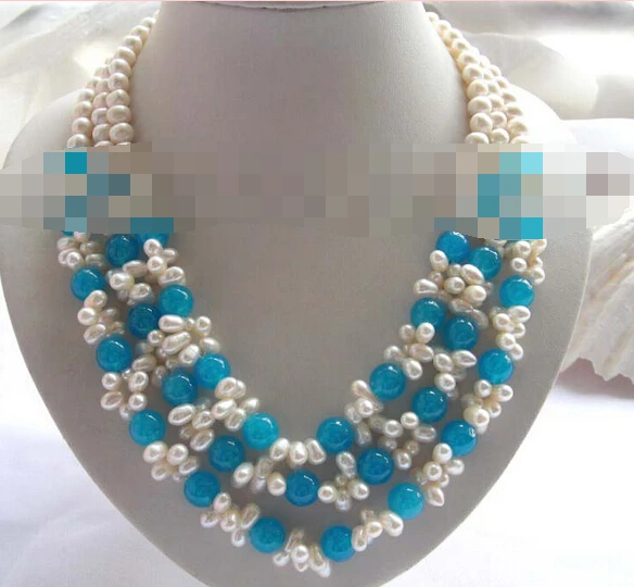 

Jewelr 004654 22" 3rows Natural White Pearl Blue stone Necklace 14k