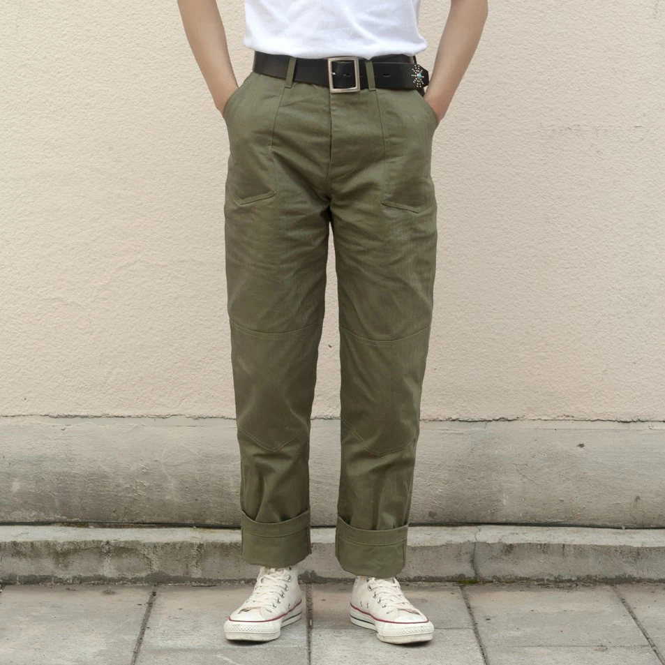 Herringbone Twill Military Trousers Retro 70s Men's Army Pants HBT Green  Regular Fit