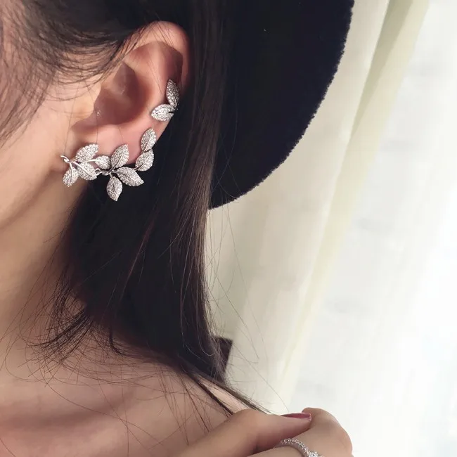 Модные блестящие большие несимметричные серьги-каффы в виде листьев ААА кубического циркония, серьги-люстры, женские вечерние ювелирные изделия