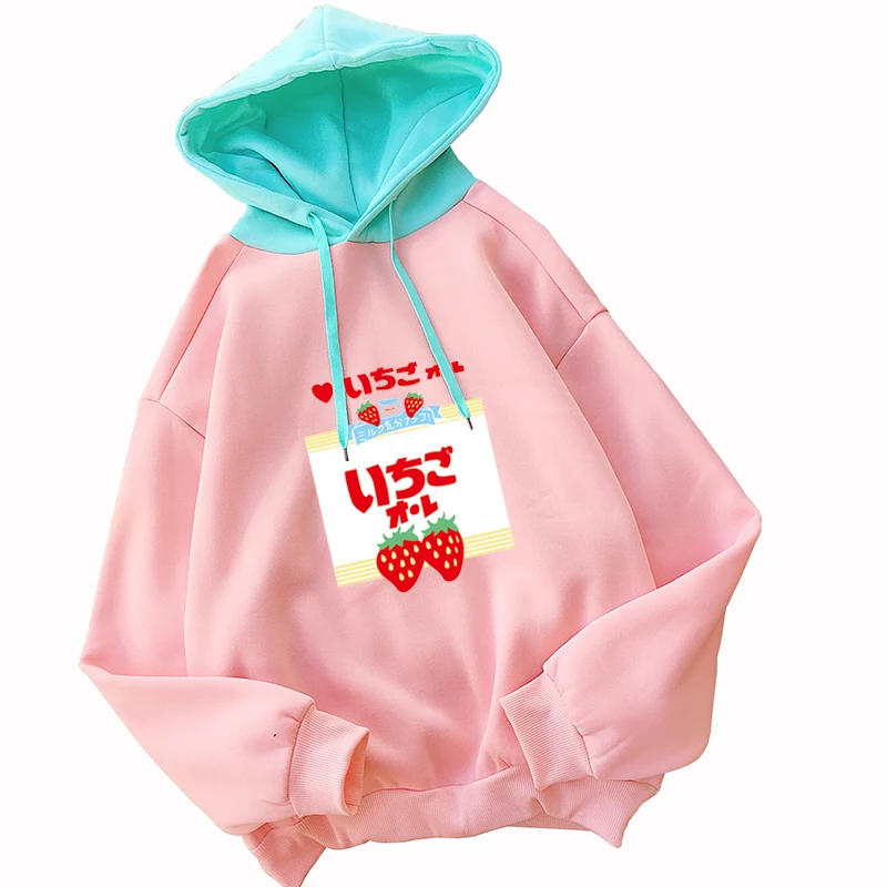 

Autumn Winter Fleece Harajuku Pullover Spell Color Stitching Loose Hoodies Sweatshirt Women Casual Lovely Strawberry Hooded Tops