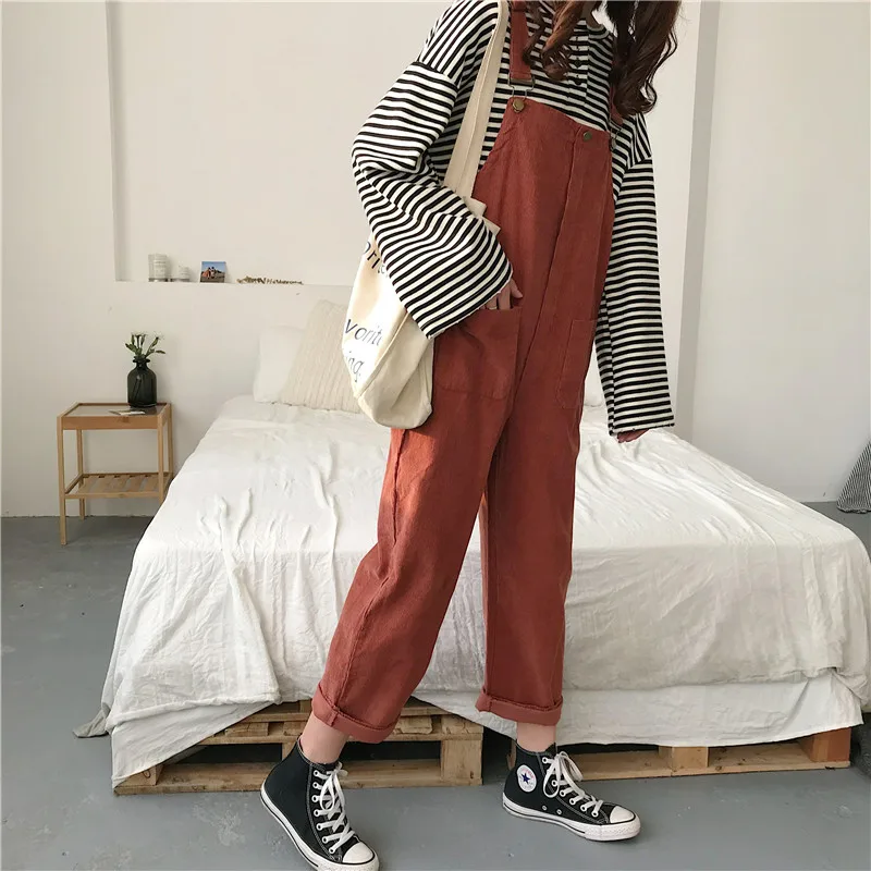 EXOTAO Corduroy Loose Casual Bodysuit for Female Retro Pocket Adjustable Lace Feminino Jumpsuits All Match Solid Lady Macacao