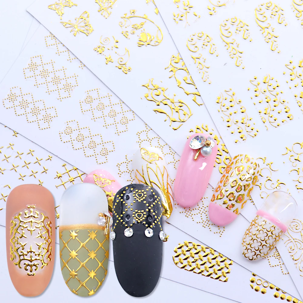 1 шт золотые наклейки для ногтей наклейки для цветов виниловые наклейки 3D клей бронзовая Бабочка Флора обертывания Ленточные линии аксессуары для ногтей BEAD103-106
