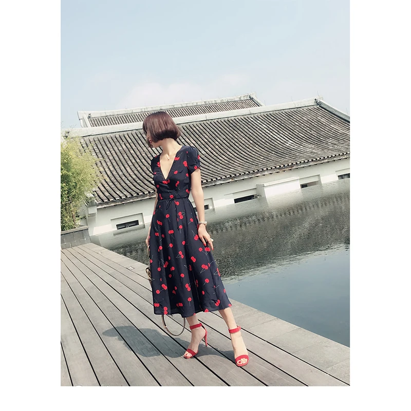 

New Women's Casual Fashion Print Silk Short Sleeve Deep V-neck Wrap Dress