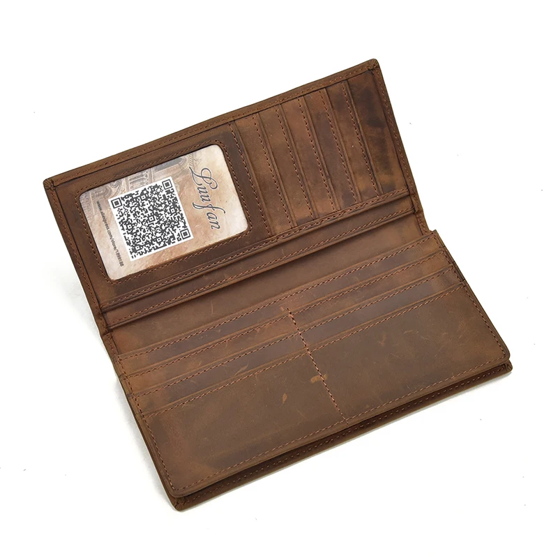 

Luufan Cowhide Long Purse Wallet Simple Vintage Casual Photo Card Wallets 2 Folds Crazy Horse Leather Men Inner Zipper Purse