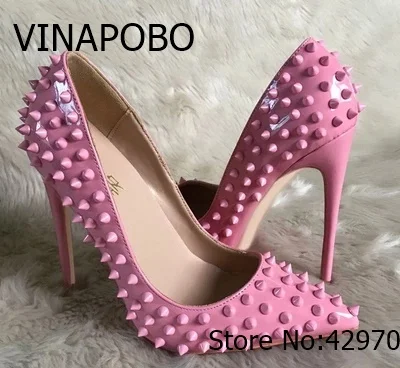 VINAPOBO Rivet Studded Pointed Toe High Heels Red Lady Pumps Patent Leather Sweet Pink Shoes Slip On Wedding Women Stilettos