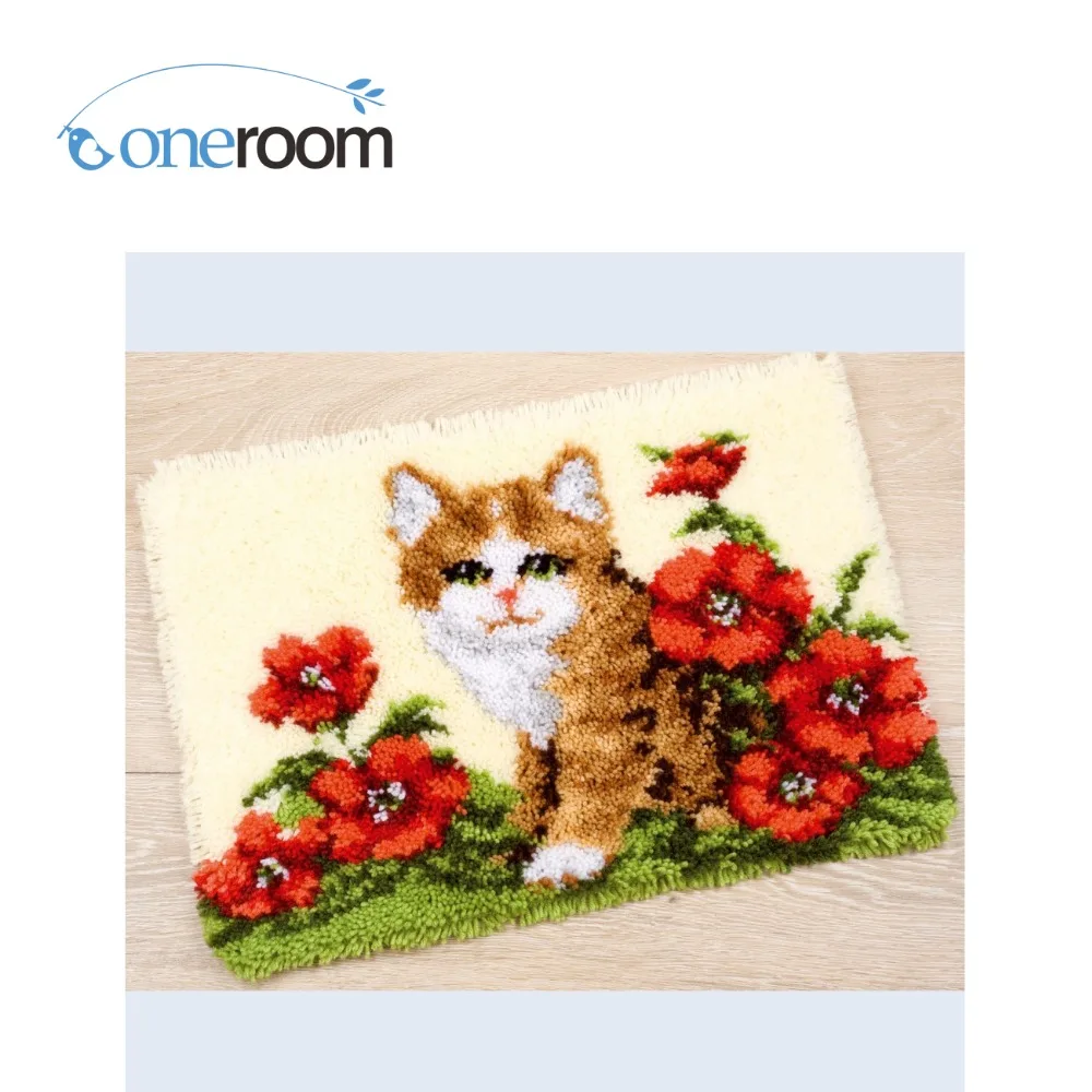 

Oneroom ZD613 Cat in Flowers Hook Rug Kit DIY Unfinished Crocheting Yarn Mat Latch Hook Rug Kit Floor