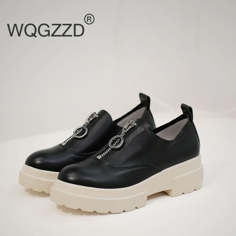 

Luxury brand wedges platform shoes women sneakers femme cow leather zipper elegant loafers women casual vulcanized shoes size42