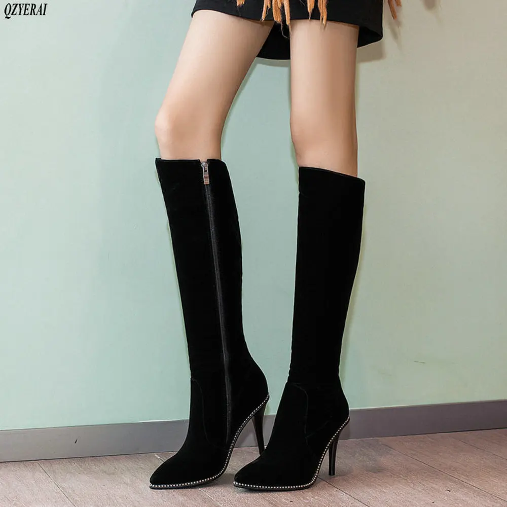 

QZYERAI New high-heeled women boots to the knee women velvet boots zippers women shoes rhinestone decoration