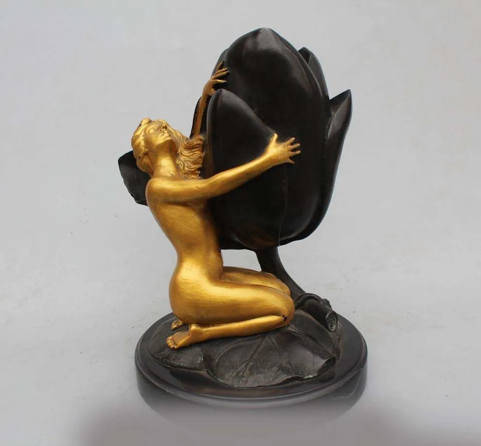 

12"Western Art Bronze Gild Marble Naked Belle Rose Flower Candlestick candler