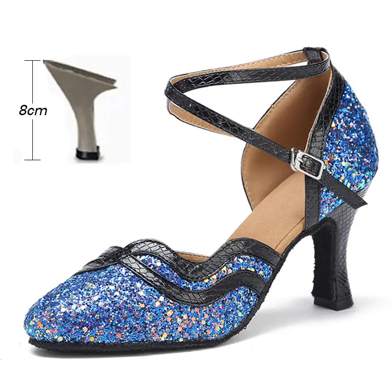 Женские туфли на высоком каблуке для латинских танцев/сальсы; блестящие туфли с закрытым носком; женские бальные туфли для танго; обувь для профессиональных танцев; Каблук 5 см/7 см/8 см - Цвет: Blue 8cm
