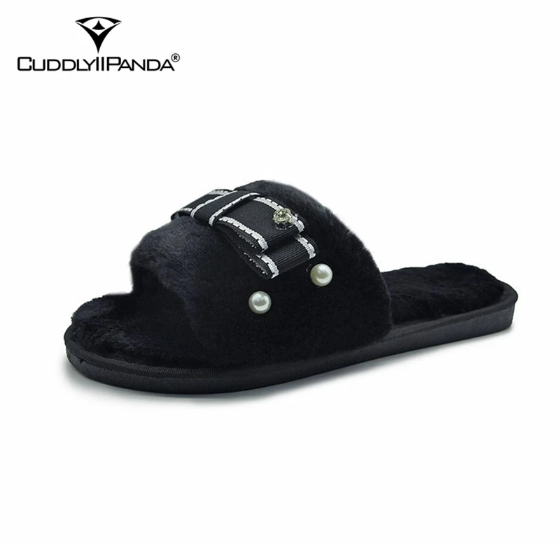 

CuddlyIIPanda Women Fashion Home Slippers Autumn Winter Indoor Slippers Ladies Butterfly Knot Fur Slippers Pearl Women Shoes