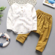 Коллекция года, весенний комплект одежды для мальчиков, повседневный Детский комплект, мягкий льняной весенний комплект для маленьких мальчиков, топы с листьями и штаны-шаровары Детский комплект