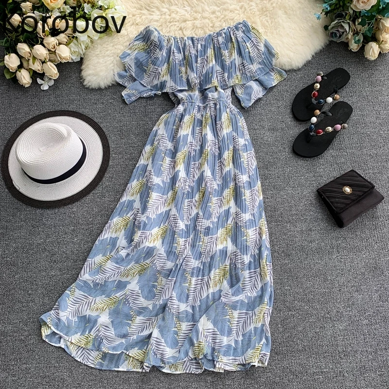 

Korobov New Slash Neck Vestidos Short Sleeve Ruffles Elastics Waist Chiffon Dress Female Elegant Printing Beach Dresses 78561