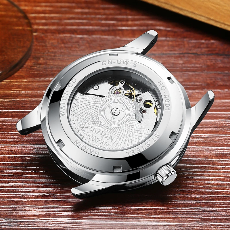HAIQIN Mens Automatic Mechanical Watch Luxury Brand Luminous Wristwatch Waterproof Calendar Leather Watch Men Relogio Masculino