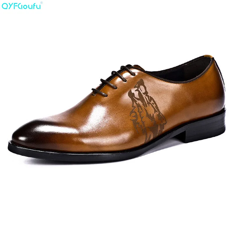 

QYFCIOUFU Italian Designer Formal Men Dress Shoes Oxford Genuine Leather Fashion Black Khaki Carved Pointed Toe Brand Shoes